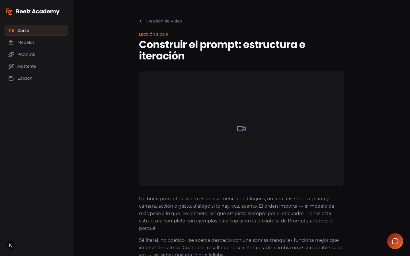 Una lección del curso de Creación de Vídeo dentro de la plataforma